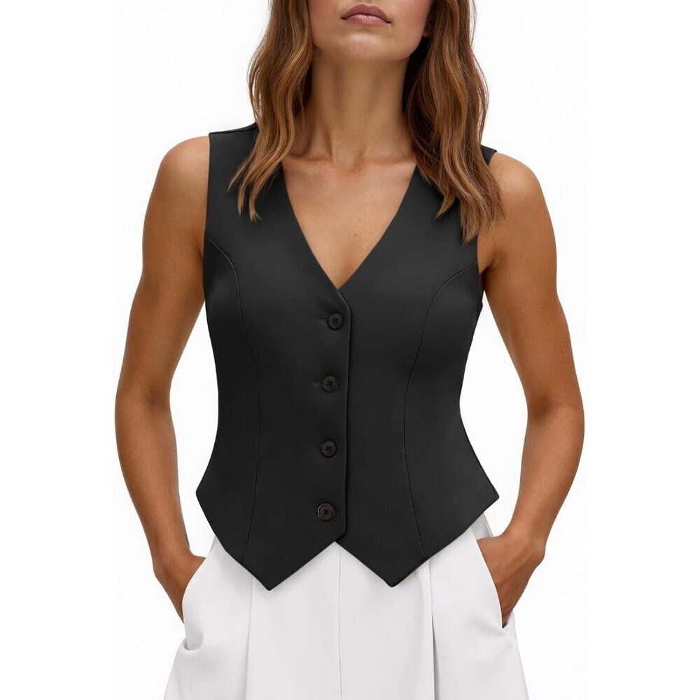Women's Cropped Sleeveless Blazer Vest Fitted Waistcoat Business Casual
